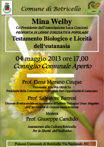 Mina Welby a Botricello il 4 maggio 2013 per discutere di eutanasia legale e testamento biologico