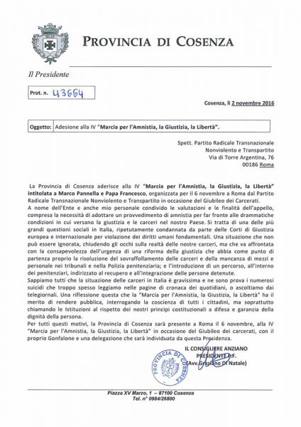 Lettera di adesione alla marcia per l'amnistia intitolata a Marco Pannella e a Papa Francesco del Presidente della Provincia di Cosenza, Graziano Di Natale